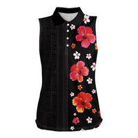 Hawaii Hibiscus and Plumeria Flowers Women Sleeveless Polo Shirt Tapa Tribal Pattern Half Style Colorful Mode