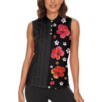 Hawaii Hibiscus and Plumeria Flowers Women Sleeveless Polo Shirt Tapa Tribal Pattern Half Style Colorful Mode