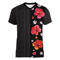 Hawaii Hibiscus and Plumeria Flowers Women V-Neck T-Shirt Tapa Tribal Pattern Half Style Colorful Mode