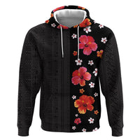 Hawaii Hibiscus and Plumeria Flowers Zip Hoodie Tapa Tribal Pattern Half Style Colorful Mode