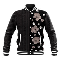 Hawaii Hibiscus and Plumeria Flowers Baseball Jacket Tapa Tribal Pattern Half Style Grayscale Mode