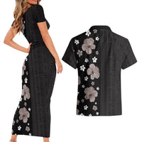 Hawaii Hibiscus and Plumeria Flowers Couples Matching Short Sleeve Bodycon Dress and Hawaiian Shirt Tapa Tribal Pattern Half Style Grayscale Mode LT03 - Polynesian Pride