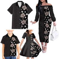 Hawaii Hibiscus and Plumeria Flowers Family Matching Off The Shoulder Long Sleeve Dress and Hawaiian Shirt Tapa Tribal Pattern Half Style Grayscale Mode LT03 - Polynesian Pride
