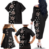 Hawaii Hibiscus and Plumeria Flowers Family Matching Off The Shoulder Long Sleeve Dress and Hawaiian Shirt Tapa Tribal Pattern Half Style Grayscale Mode LT03 - Polynesian Pride