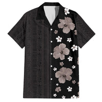 Hawaii Hibiscus and Plumeria Flowers Family Matching Off The Shoulder Long Sleeve Dress and Hawaiian Shirt Tapa Tribal Pattern Half Style Grayscale Mode LT03 Dad's Shirt - Short Sleeve Black - Polynesian Pride