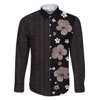 Hawaii Hibiscus and Plumeria Flowers Family Matching Off The Shoulder Long Sleeve Dress and Hawaiian Shirt Tapa Tribal Pattern Half Style Grayscale Mode LT03 Dad's Shirt - Long Sleeve Black - Polynesian Pride