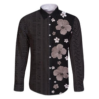 Hawaii Hibiscus and Plumeria Flowers Family Matching Puletasi and Hawaiian Shirt Tapa Tribal Pattern Half Style Grayscale Mode LT03 Dad's Shirt - Long Sleeve Black - Polynesian Pride