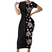 Hawaii Hibiscus and Plumeria Flowers Family Matching Short Sleeve Bodycon Dress and Hawaiian Shirt Tapa Tribal Pattern Half Style Grayscale Mode LT03 Mom's Dress Black - Polynesian Pride