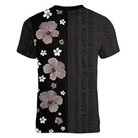 Hawaii Hibiscus and Plumeria Flowers Women V-Neck T-Shirt Tapa Tribal Pattern Half Style Grayscale Mode