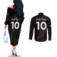 New Zealand Rugby Custom Couples Matching Off The Shoulder Long Sleeve Dress and Long Sleeve Button Shirt Sporty Silver Fern Shape with Maori Tattoos LT03 - Polynesian Pride