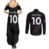 New Zealand Rugby Custom Couples Matching Summer Maxi Dress and Long Sleeve Button Shirt Sporty Silver Fern Shape with Maori Tattoos LT03 - Polynesian Pride