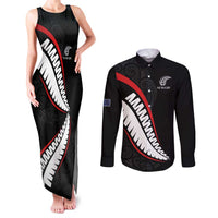 New Zealand Rugby Custom Couples Matching Tank Maxi Dress and Long Sleeve Button Shirt Sporty Silver Fern Shape with Maori Tattoos LT03 Black - Polynesian Pride