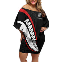 New Zealand Rugby Custom Family Matching Off Shoulder Short Dress and Hawaiian Shirt Sporty Silver Fern Shape with Maori Tattoos LT03 Mom's Dress Black - Polynesian Pride