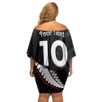 New Zealand Rugby Custom Family Matching Off Shoulder Short Dress and Hawaiian Shirt Sporty Silver Fern Shape with Maori Tattoos LT03 - Polynesian Pride