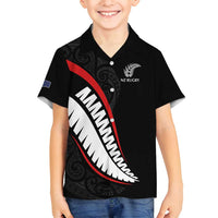 New Zealand Rugby Custom Family Matching Off Shoulder Short Dress and Hawaiian Shirt Sporty Silver Fern Shape with Maori Tattoos LT03 Son's Shirt Black - Polynesian Pride