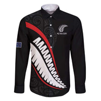 New Zealand Rugby Custom Family Matching Puletasi and Hawaiian Shirt Sporty Silver Fern Shape with Maori Tattoos LT03 Dad's Shirt - Long Sleeve Black - Polynesian Pride