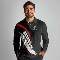 New Zealand Rugby Custom Long Sleeve Polo Shirt Sporty Silver Fern Shape with Maori Tattoos LT03 - Polynesian Pride