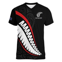 New Zealand Rugby Custom Women V-Neck T-Shirt Sporty Silver Fern Shape with Maori Tattoos LT03 Female Black - Polynesian Pride