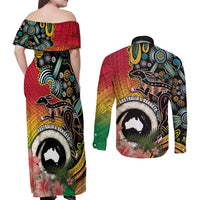 Vanuatu and Australia Together Couples Matching Off Shoulder Maxi Dress and Long Sleeve Button Shirt Kangaroo with Pig Tusk Indigenous Pattern