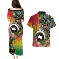 Vanuatu and Australia Together Couples Matching Puletasi and Hawaiian Shirt Kangaroo with Pig Tusk Indigenous Pattern