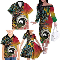 Vanuatu and Australia Together Family Matching Off The Shoulder Long Sleeve Dress and Hawaiian Shirt Kangaroo with Pig Tusk Indigenous Pattern LT03 - Polynesian Pride
