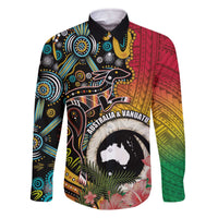 Vanuatu and Australia Together Family Matching Off The Shoulder Long Sleeve Dress and Hawaiian Shirt Kangaroo with Pig Tusk Indigenous Pattern LT03 Dad's Shirt - Long Sleeve Black - Polynesian Pride