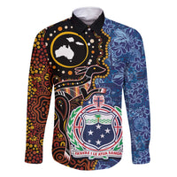 Samoa and Australia Together Family Matching Long Sleeve Bodycon Dress and Hawaiian Shirt Kangaroo and Tribal Hibiscus Aboriginal Pattern LT03 Dad's Shirt - Long Sleeve Blue - Polynesian Pride