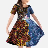 Samoa and Australia Together Family Matching Short Sleeve Bodycon Dress and Hawaiian Shirt Kangaroo and Tribal Hibiscus Aboriginal Pattern LT03 Daughter's Dress Blue - Polynesian Pride