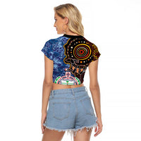 Samoa and Australia Together Raglan Cropped T Shirt Kangaroo and Tribal Hibiscus Aboriginal Pattern