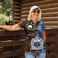 Samoa and Australia Together Women Polo Shirt Kangaroo and Tribal Hibiscus Aboriginal Pattern LT03 - Polynesian Pride