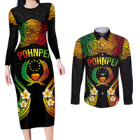 Personalised Pohnpei Independence Day Couples Matching Long Sleeve Bodycon Dress and Long Sleeve Button Shirt Polynesian Tattoo and Plumeria Reggae Color LT03 Reggae - Polynesian Pride