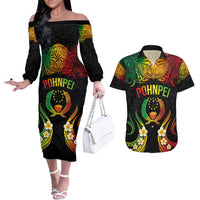 Personalised Pohnpei Independence Day Couples Matching Off The Shoulder Long Sleeve Dress and Hawaiian Shirt Polynesian Tattoo and Plumeria Reggae Color LT03 Reggae - Polynesian Pride