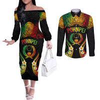 Personalised Pohnpei Independence Day Couples Matching Off The Shoulder Long Sleeve Dress and Long Sleeve Button Shirt Polynesian Tattoo and Plumeria Reggae Color LT03 Reggae - Polynesian Pride