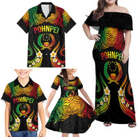 Personalised Pohnpei Independence Day Family Matching Off Shoulder Maxi Dress and Hawaiian Shirt Polynesian Tattoo and Plumeria Reggae Color LT03 - Polynesian Pride