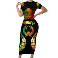 Personalised Pohnpei Independence Day Family Matching Short Sleeve Bodycon Dress and Hawaiian Shirt Polynesian Tattoo and Plumeria Reggae Color LT03 Mom's Dress Reggae - Polynesian Pride