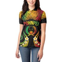Personalised Pohnpei Independence Day Women Polo Shirt Polynesian Tattoo and Plumeria Reggae Color