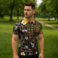 Hawaiian and Japanese Zipper Polo Shirt Polynesian Tattoo with Japanese Culture Kintsugi Style LT03 - Polynesian Pride