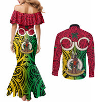Vanuatu Couples Matching Mermaid Dress and Long Sleeve Button Shirts Pig Tusk Mix Maori Pattern and Namele Leaf LT03 - Polynesian Pride