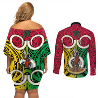 Vanuatu Couples Matching Off Shoulder Short Dress and Long Sleeve Button Shirts Pig Tusk Mix Maori Pattern and Namele Leaf LT03 - Polynesian Pride