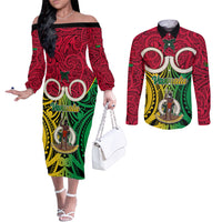 Vanuatu Couples Matching Off The Shoulder Long Sleeve Dress and Long Sleeve Button Shirts Pig Tusk Mix Maori Pattern and Namele Leaf LT03 Red - Polynesian Pride