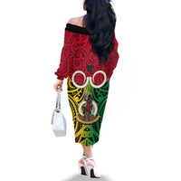 Vanuatu Family Matching Off Shoulder Long Sleeve Dress and Hawaiian Shirt Pig Tusk Mix Maori Pattern and Namele Leaf LT03 - Polynesian Pride