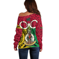 Vanuatu Off Shoulder Sweater Pig Tusk Mix Maori Pattern and Namele Leaf LT03 - Polynesian Pride