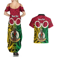 Personalised Vanuatu Couples Matching Summer Maxi Dress and Hawaiian Shirt Pig Tusk Mix Maori Pattern and Namele Leaf LT03 - Polynesian Pride