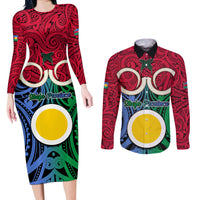 Vanuatu Shefa Province Couples Matching Long Sleeve Bodycon Dress and Long Sleeve Button Shirts Pig Tusk Mix Maori Pattern and Namele Leaf LT03 Red - Polynesian Pride