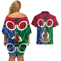 Vanuatu Shefa Province Couples Matching Off Shoulder Short Dress and Hawaiian Shirt Pig Tusk Mix Maori Pattern and Namele Leaf LT03 - Polynesian Pride