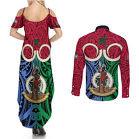 Vanuatu Shefa Province Couples Matching Summer Maxi Dress and Long Sleeve Button Shirts Pig Tusk Mix Maori Pattern and Namele Leaf LT03 - Polynesian Pride