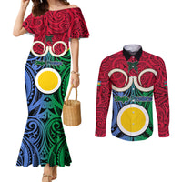 Personalised Vanuatu Shefa Province Couples Matching Mermaid Dress and Long Sleeve Button Shirts Pig Tusk Mix Maori Pattern and Namele Leaf LT03 Red - Polynesian Pride