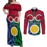Personalised Vanuatu Shefa Province Couples Matching Off Shoulder Maxi Dress and Long Sleeve Button Shirts Pig Tusk Mix Maori Pattern and Namele Leaf LT03 Red - Polynesian Pride