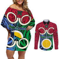 Personalised Vanuatu Shefa Province Couples Matching Off Shoulder Short Dress and Long Sleeve Button Shirts Pig Tusk Mix Maori Pattern and Namele Leaf LT03 Red - Polynesian Pride