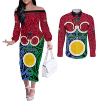 Personalised Vanuatu Shefa Province Couples Matching Off The Shoulder Long Sleeve Dress and Long Sleeve Button Shirts Pig Tusk Mix Maori Pattern and Namele Leaf LT03 Red - Polynesian Pride
